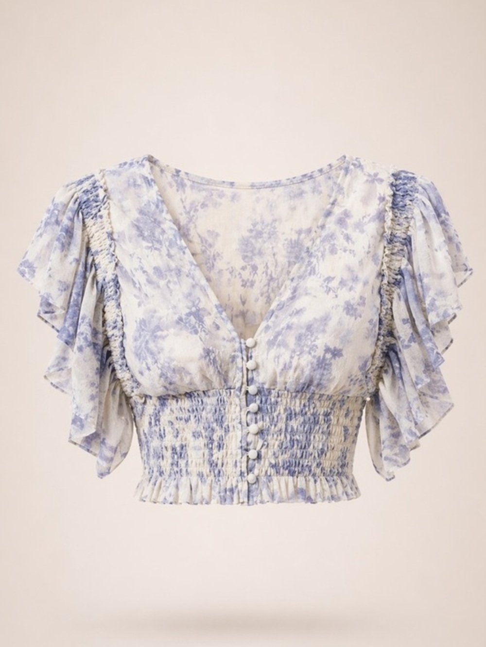 ♡ Free People Floral Ruffle Sleeve Crop Top – Blue & Cream – Size Medium ♡